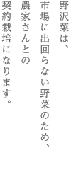 野沢菜は、　市場に出回らない野菜のため、　農家さんとの　契約栽培になります。